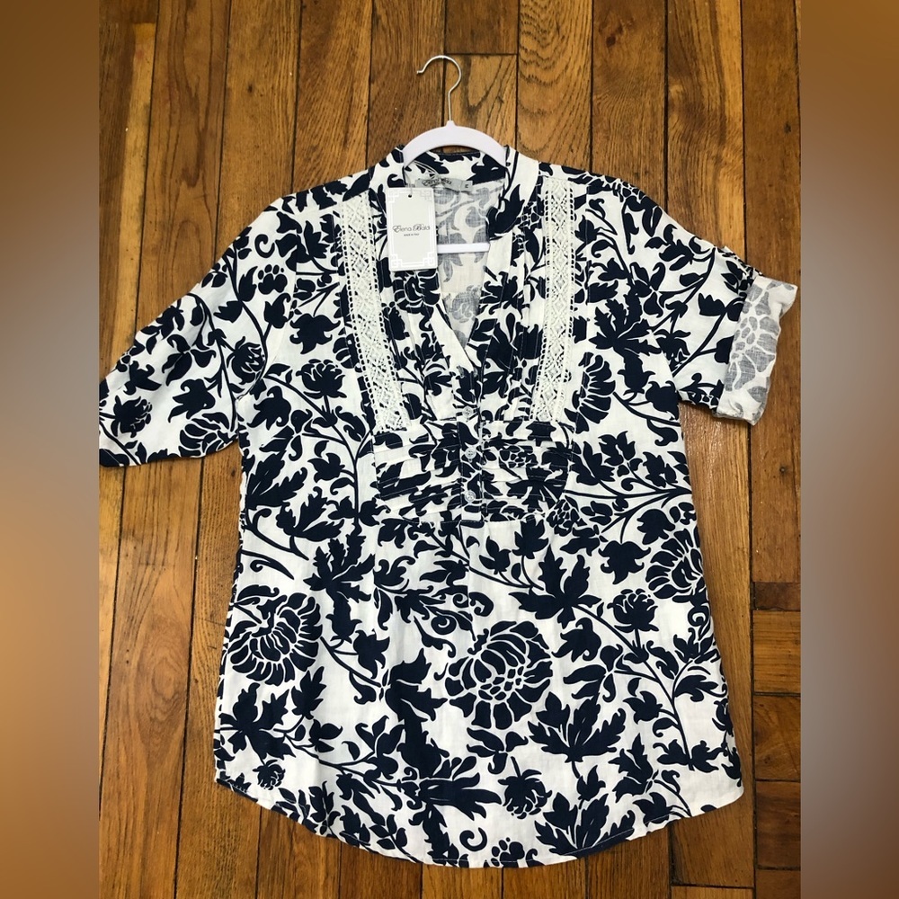 Elena Baldi Navy White Floral Toile Blouse Crochet Lace Trim